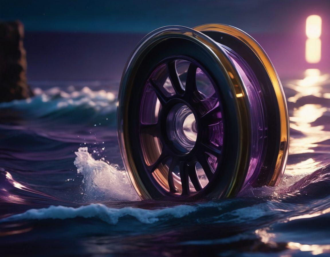 An alluring film reel spiraling down into a deep, rich ocean of vibrant colors, featuring silhouettes of iconic sensual movie scenes emerging from the water. Surrounding the reel are elegant, soft waves that convey a sense of intrigue and exploration. The overall atmosphere should evoke sensuality and depth, inviting viewers to dive into a world of adult cinema. Cinematic lighting enhances the mood. super-realistic. vibrant colors. 3D.