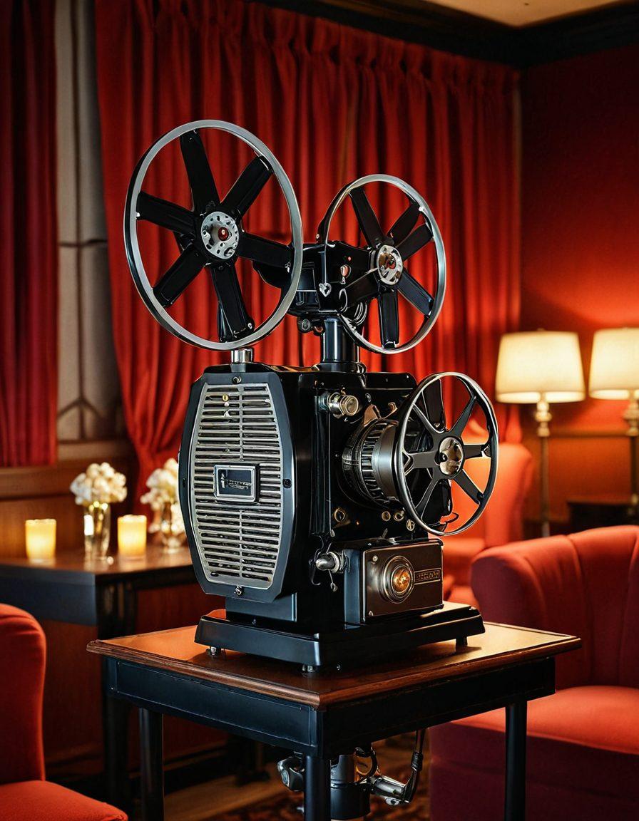 A visually striking composition of a vintage film projector casting colorful, tantalizing images of erotic scenes onto a luxurious velvet screen, surrounded by elegantly dressed viewers lost in their fantasies. The ambiance should have sultry lighting, with a soft glow that enhances the intimacy of the setting, emphasizing popcorn and drinks on nearby tables. Include subtle references to popular streaming platforms in the background. super-realistic. warm colors. cinematic atmosphere.