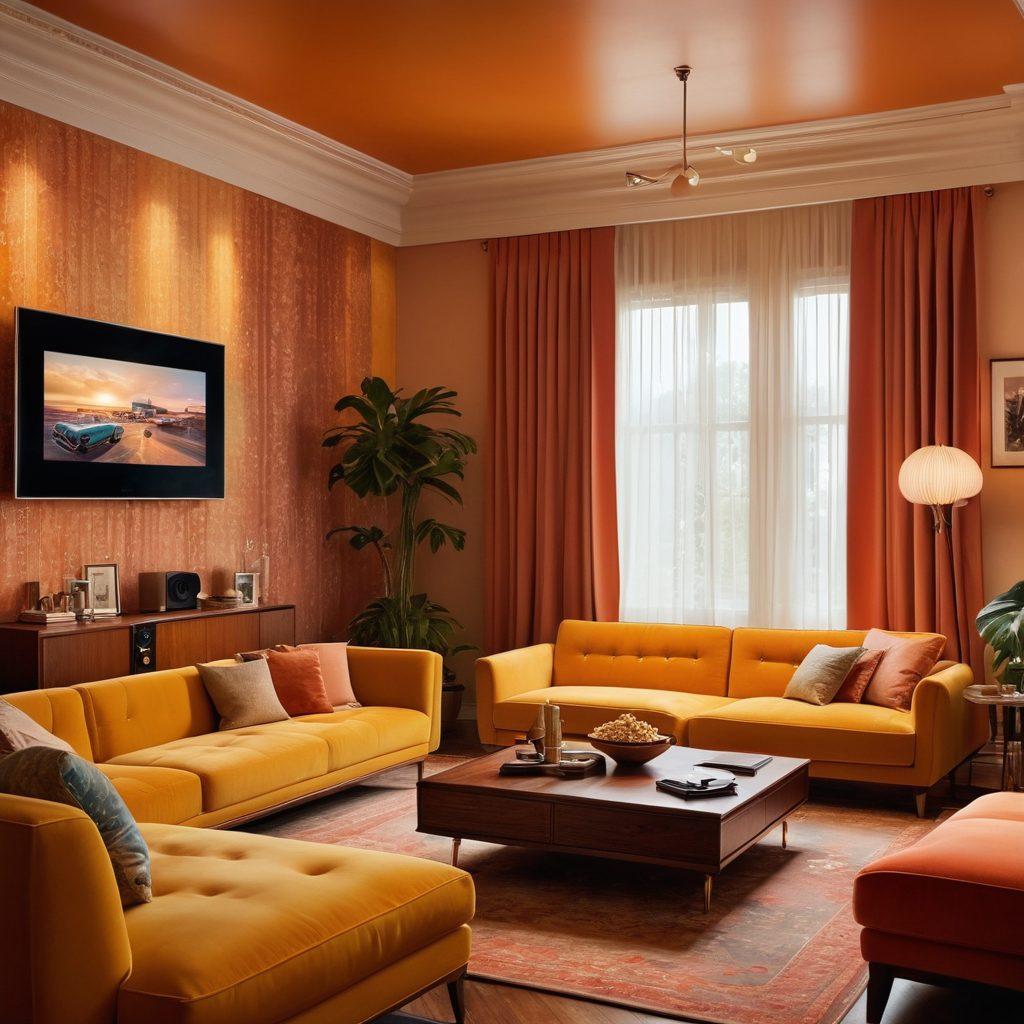 A visually striking collage depicting a vintage film reel intertwined with modern streaming devices, showcasing sensual scenes from classic films. Include warm, inviting colors with subtle hints of passion and allure, alongside iconic cinematic elements like popcorn and clapperboards. Add a contrasting backdrop of a modern living room setting to represent streaming success. super-realistic. vibrant colors. cinematic style.